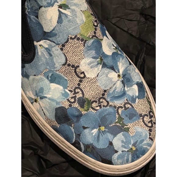 ✨Unisex GUCCI Supreme GG Logo Canvas Bloom Blue Floral Slip-On Sneakers Shoes